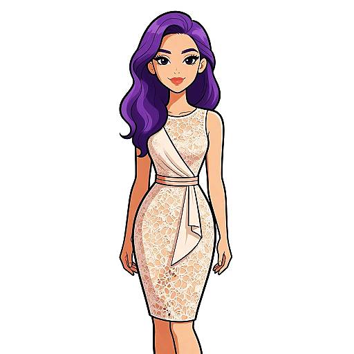 Digital illustration of a stylish woman with long purple hair, wearing a white lace, one-shoulder, knee-length dress, standing against a plain white