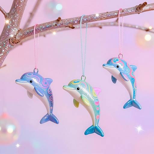 Three colorful, patterned dolphin ornaments hang from a glittery branch against a glowing, bokeh background, illuminated by soft, multicolored lights.