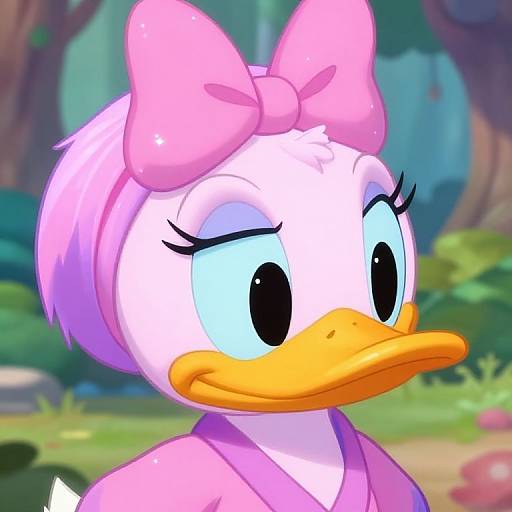 Digital cartoon of a white duck with large blue eyes, pink bow, and purple dress, set against a blurred forest background.