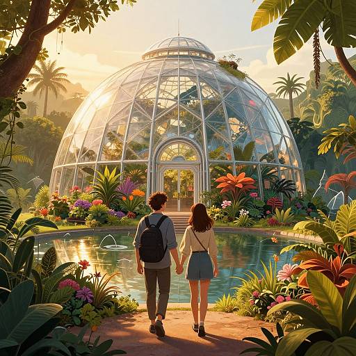 Digital illustration of a sunlit glass dome greenhouse, with a couple holding hands, walking along a reflective pond surrounded by vibrant tropical plants and flowers.