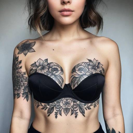 Floral Black Ink Tattoos on Woman's Upper Body