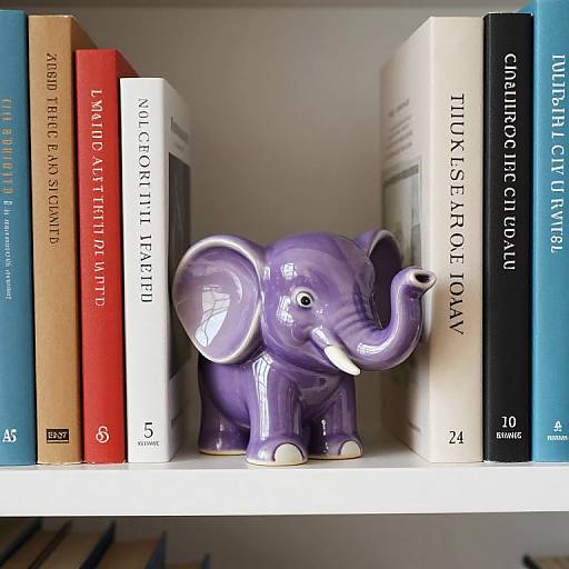 Photograph of a glossy purple ceramic elephant between books on a white shelf: 