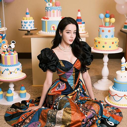 Photorealistic CGI of a black-haired woman in a vibrant, ornate dress with puffed sleeves, seated among colorful, decorated cakes in a bright
