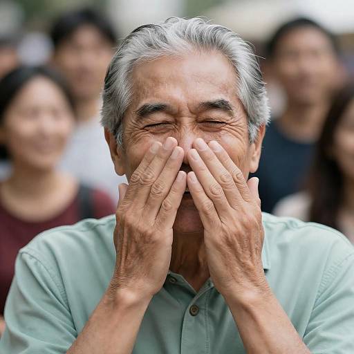 Laughing Older Man with Hands Over Mouth