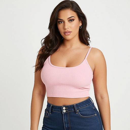 Photograph of a curvy woman with long, wavy dark hair, wearing a pink ribbed crop top and high-waisted blue jeans,