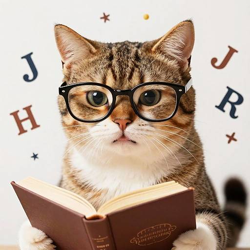 Whimsical Cat with Reading Glasses
