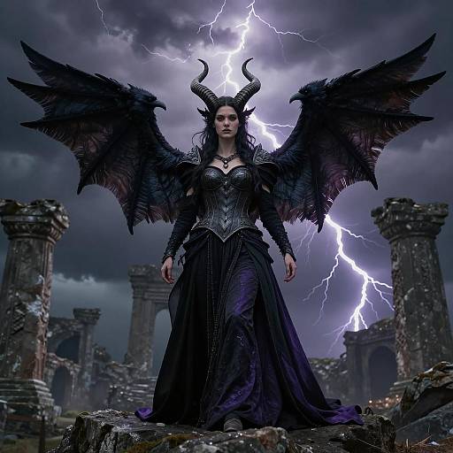 Regal Morrigan Amidst Stormy Ruins