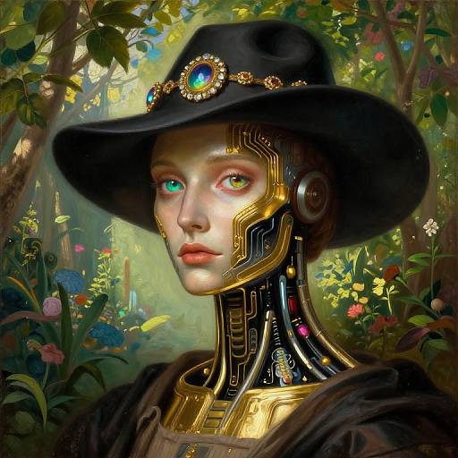 Digital painting of a cybernetic woman with glowing eyes, wearing a black hat adorned with a blue gem, in a lush forest.