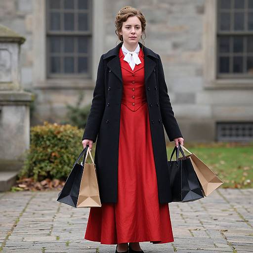 Photograph of a young woman in a red dress and black coat, holding two shopping bags, standing on a stone path in front of a historic stone
