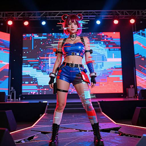 Digital art of a cyberpunk-styled woman with red hair, blue crop top, shorts, and cyber accessories, standing on a stage with neon lights