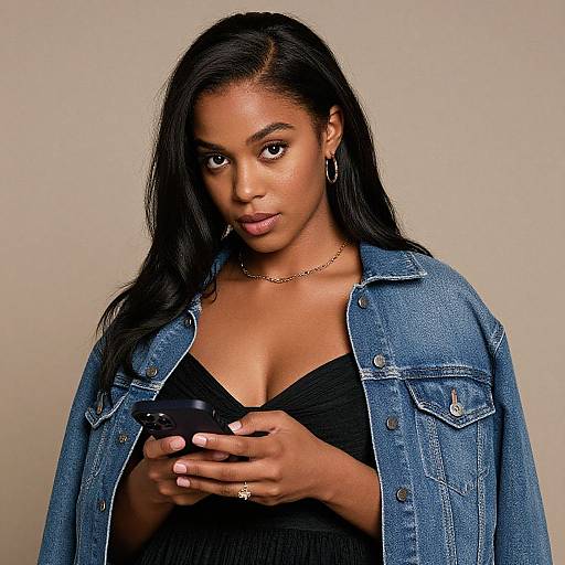 Photograph of a beautiful Black woman with long black hair, wearing a denim jacket over a black top, holding a smartphone, looking intently at the