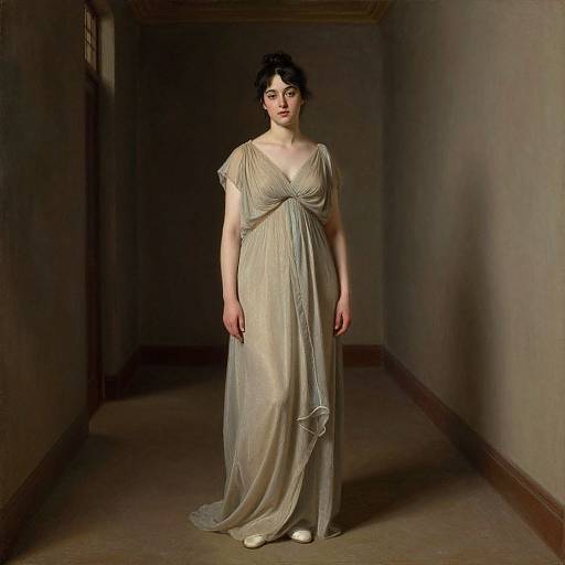 Photograph of a pale-skinned woman with dark hair, wearing a flowing, beige, Victorian-style dress, standing in a dimly lit, narrow