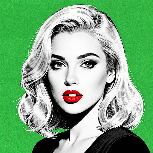 Digital pop-art portrait of a white woman with wavy white hair, striking red lips, and bold black-and-white contrast, against a vibrant green background