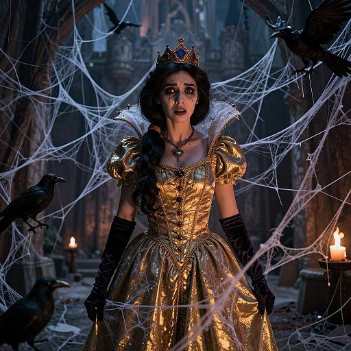 Photograph of a young woman in a golden, ornate, fairy-tale princess dress with black gloves, crown, and spiderweb backdrop, surrounded