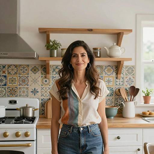 Photograph of a smiling woman with long dark hair, wearing a white blouse with pastel stripes and blue jeans, standing in a bright, patterned