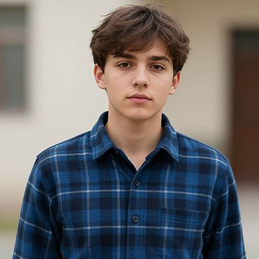 Photograph of a young boy with dark brown hair, wearing a blue plaid button-up shirt, standing outdoors with a blurred background.