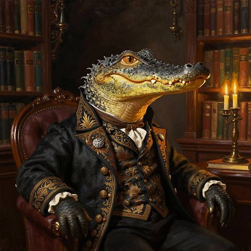 Victorian Gentleman Alligator in Library