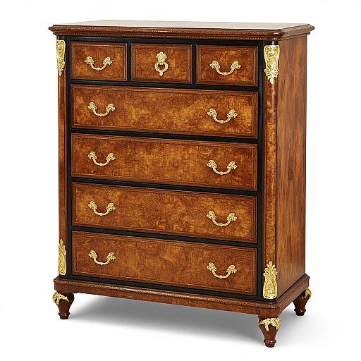 Photograph of a vintage wooden chest of drawers with six drawers, ornate gold handles, and carved gold corner details, standing on short legs.