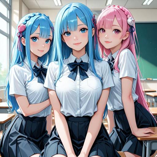Cheerful Classroom Scene with Blue-haired Girls