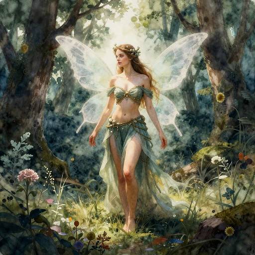 Watercolor Fantasy Nymph in Mystical Forest
