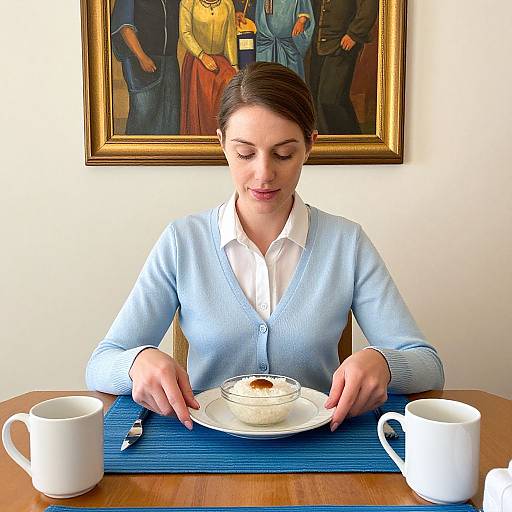 Photograph of a woman with dark hair in a light blue cardigan, eating dessert from a white plate, with two white mugs on a wooden