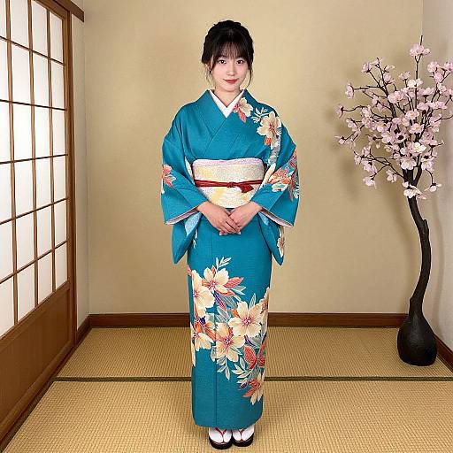 Woman in Blue Kimono Blossoms