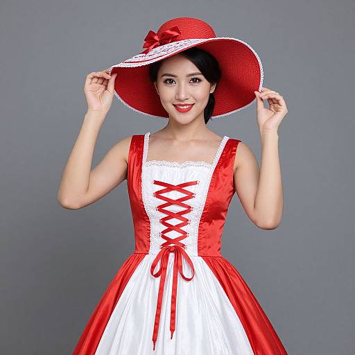 Photograph of an Asian woman in a red and white vintage dress with lace details, red corset, and wide-brimmed red hat, smiling