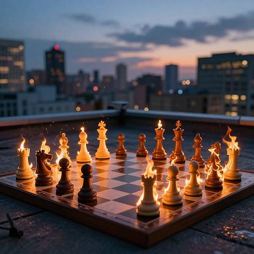 Photograph: Illuminated chessboard on rooftop at dusk, with burning chess pieces and blurred city skyline in the background.
