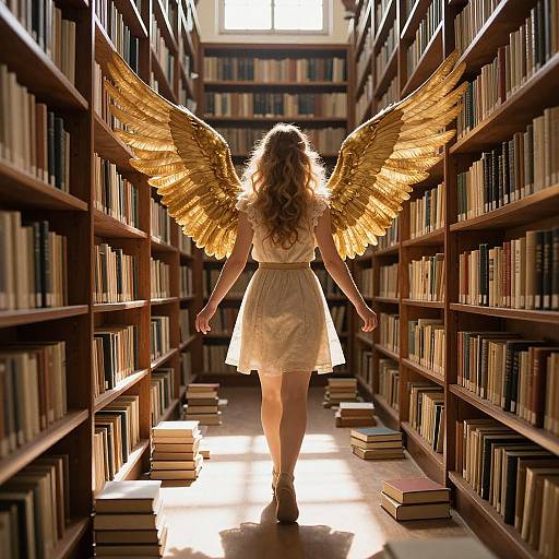 Photograph of a blonde woman with golden wings in a white dress, walking down a sunlit library aisle with bookshelves on both sides.