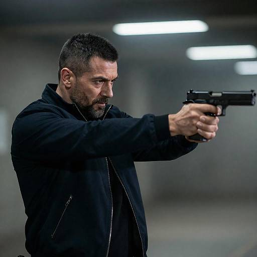 Muscular Man Aiming Handgun in Dim Light