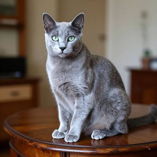 Photograph of a grey British Shorthair cat with bright green eyes, sitting on a polished wooden table in a warmly lit room.