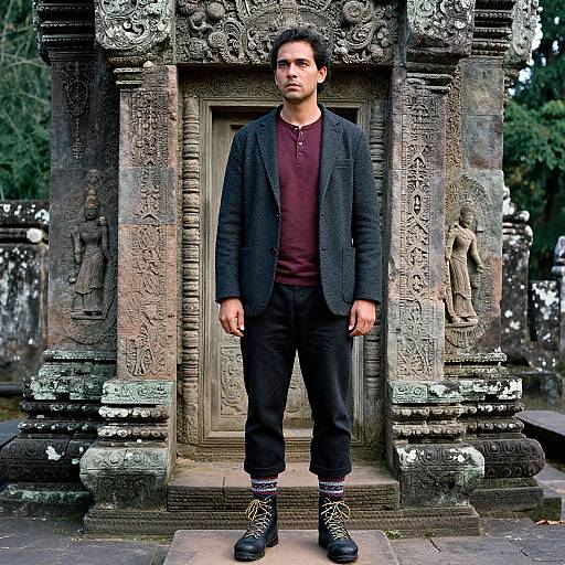 Man in Vintage Style at Stone Temple