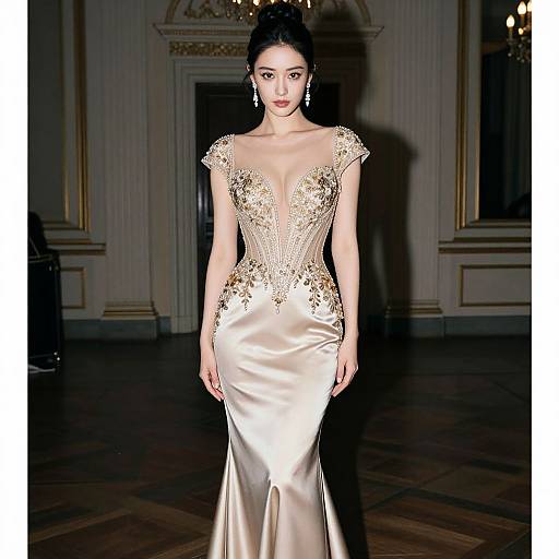 Photograph of an elegant East Asian woman with dark hair in an updo, wearing a gold-embellished, deep V-neck, satin evening