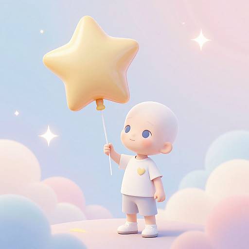 CGI cartoon of a bald, blue-eyed baby in a white shirt and shorts holding a large, yellow star on a stick, against a bright blue