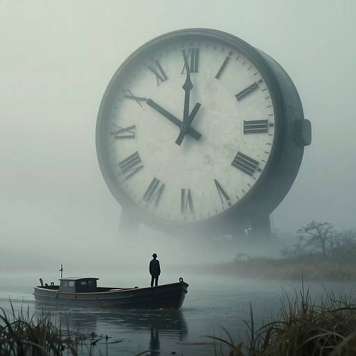 Photograph of a large, foggy clock face towering over a misty lake, with a silhouetted person standing on a small boat in