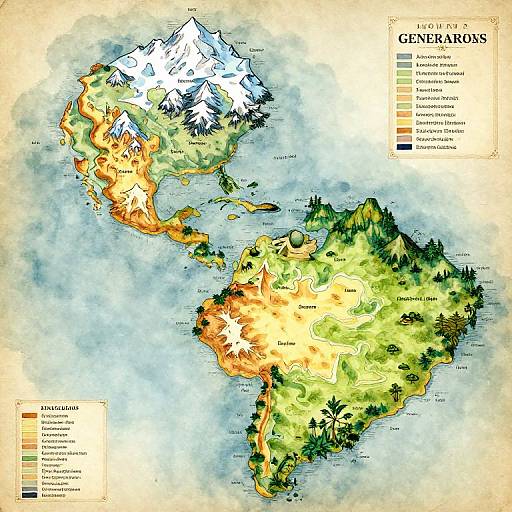 Color-coded map of North and South America showing vegetation types, including desert, grassland, and forest, with snow-capped mountains and ocean.