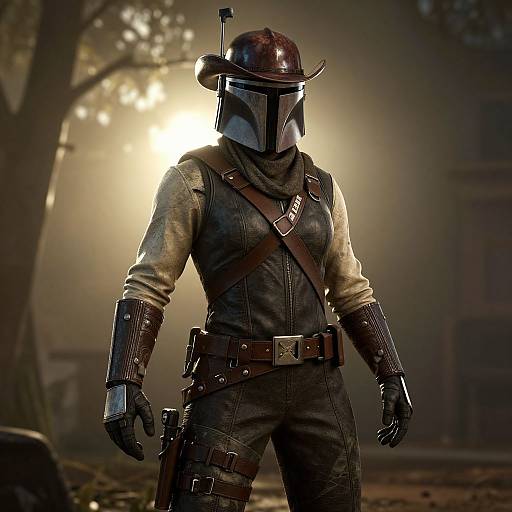 CGI image of a Mandalorian-inspired figure in dark armor, helmet with visor, standing in a foggy, dimly-lit forest at