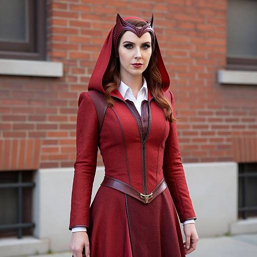 Photorealistic CGI of a fair-skinned woman with red hair in a red, hooded, superhero costume with a crown headpiece, standing in