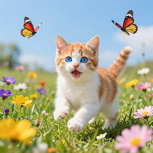 Photograph of an adorable orange and white kitten with bright blue eyes joyfully running in a colorful meadow, flanked by two red and black butterflies