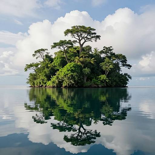 Photograph of a small, lush island with tall, green trees and reflections in calm, blue water under a bright, cloudy sky.