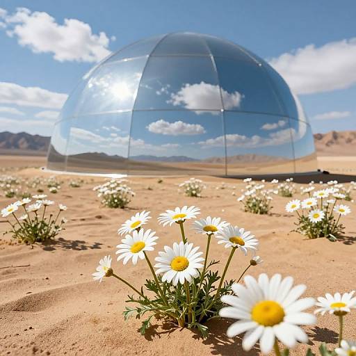 Photograph of a clear dome reflecting blue sky and clouds, set in a sunny desert with scattered white daisies.
