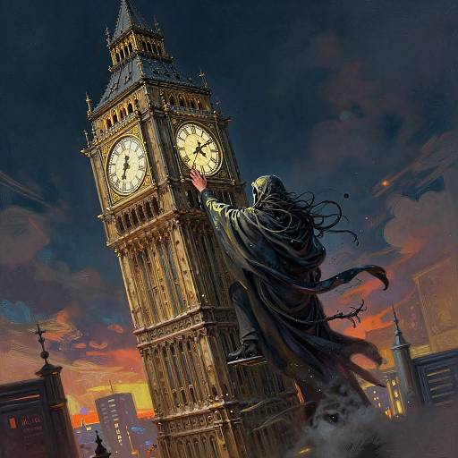 Digital painting: Dark, cloak-wearing figure touches Big Ben clock face at sunset, vivid clouds, cityscape background, dramatic lighting, gothic style