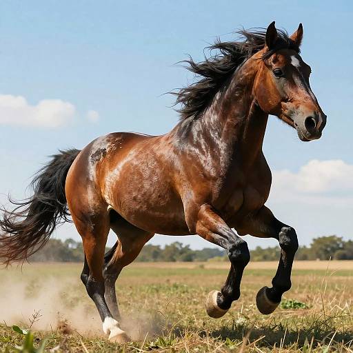 Photograph of a galloping, shiny brown horse with a black mane and tail, white markings on its legs, and a clear blue sky background