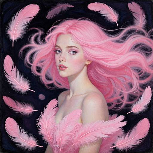 Digital painting of a fair-skinned woman with flowing pink hair, surrounded by pink feathers, against a dark background, with a serene expression.