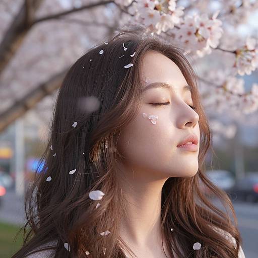 Photograph of a beautiful Asian woman with closed eyes, long wavy brown hair, and soft pink cherry blossom petals falling on her face, set against