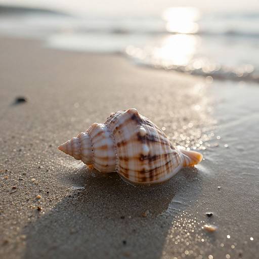Photograph of a striped brown and white seashell on wet sandy beach, with sunlight reflecting off the water in the background.