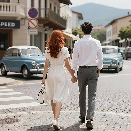 Couple Strolling on Cobblestone Street