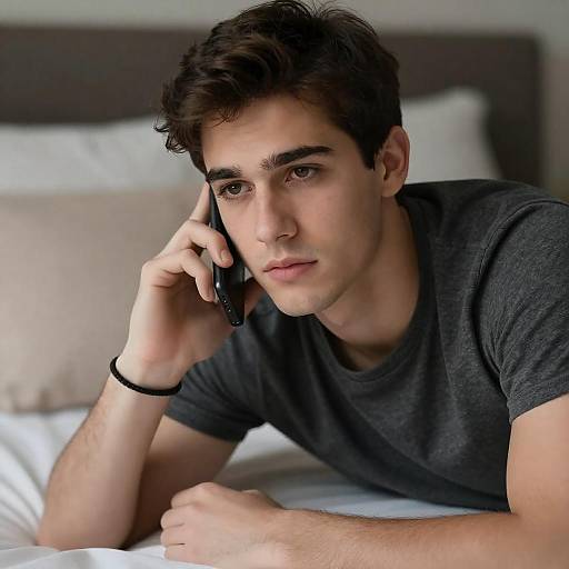 Young Man Talking on Phone in Bed