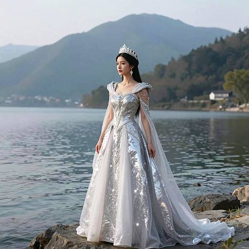 Photograph of an Asian woman in a silver, lace-embellished, off-the-shoulder wedding gown with a long veil, standing by