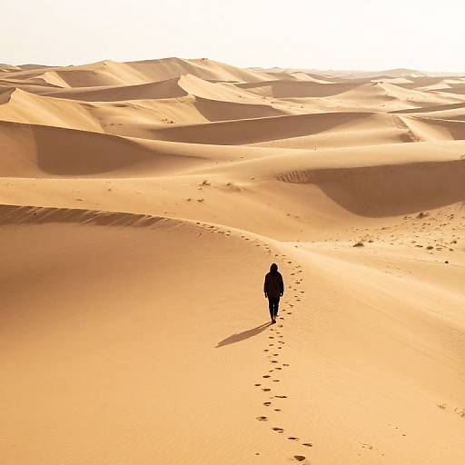 Silhouetted figure walking through vast, golden desert with footprints leading to the horizon; undulating sand dunes under a bright sky. Photograph
